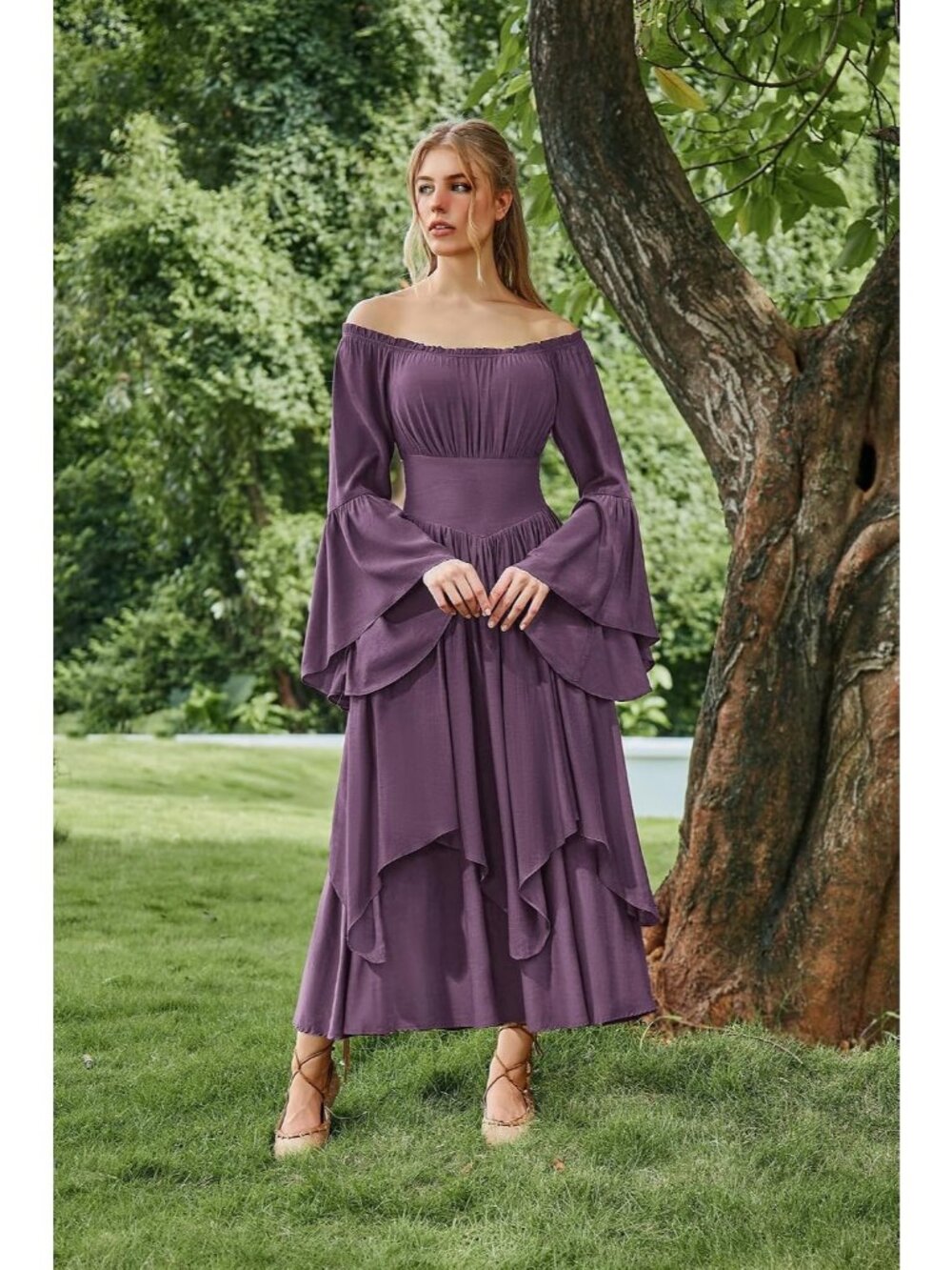 Women's Purple Renaissance Maxi Dress Off Shoulder Bell Long Sleeve Halloween - Picture 3 of 7